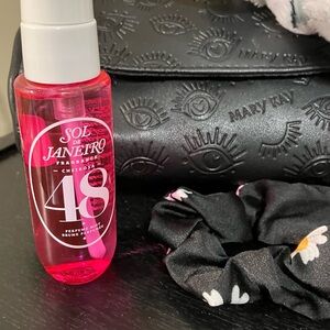 BUNDLE! cosmetic bag, spa headband, scrunchie and Sol De Janeiro body Mist!